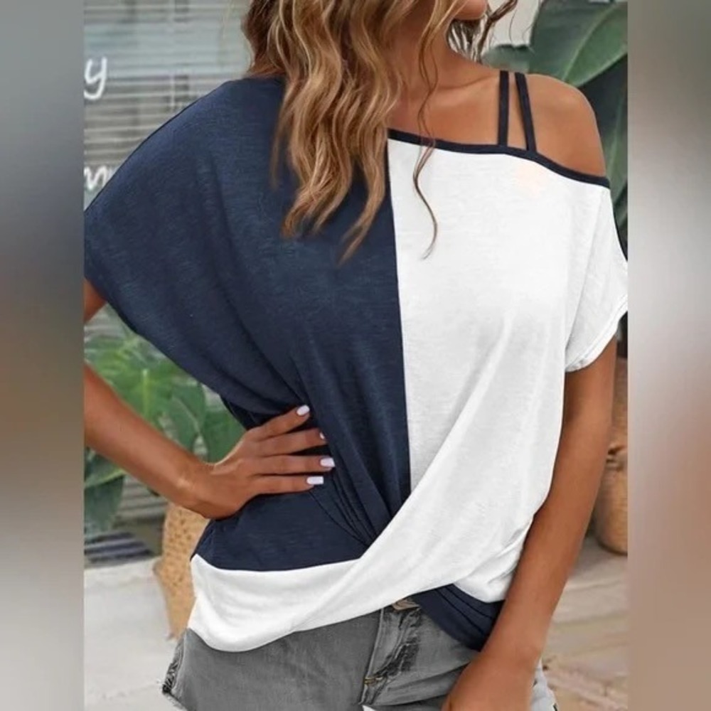 Dokotoo Womens Twist Knot Color Block Cold Shoulder Blouse Navy White‎ Large NWT